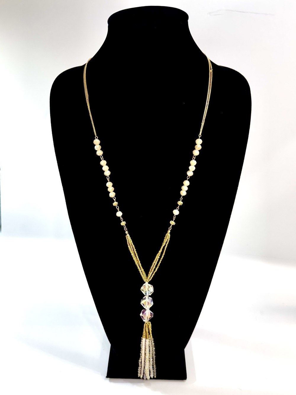 Leslie Danzis Crystal Tassel Beaded Cream & Gold Designer Artisan Necklace | NWT